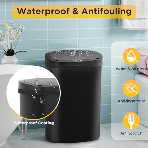 Image of BestOffice | 13 Gallon Plastic Trash Can with Lid | Dark Black | Automatic Touchless Garbage Can | Odor Control | Modern Oval Design | Easy to Clean | For Kitchen, Bathroom, Office or Home