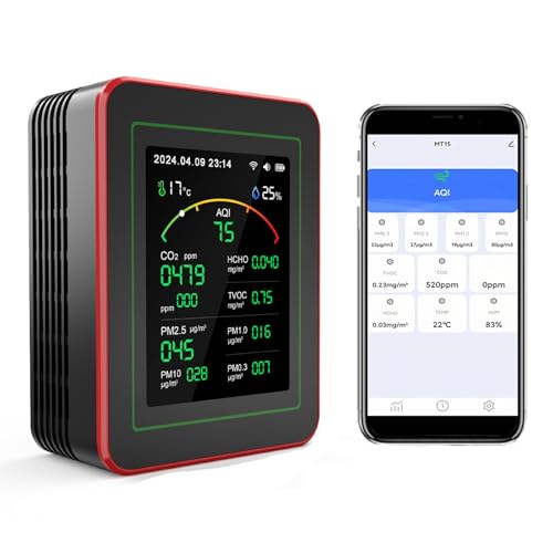 Professioneller 15-in-1 Luftqualitätsmessgerät mit App – CO₂-Messgerät/CO₂-Sensor, Feinstaubmessgerät PM2.5/PM10, VOC-Messgerät, Luftqualitätsmonitor mit Dual-Chip & Echtzeit-AQI-Warnungen