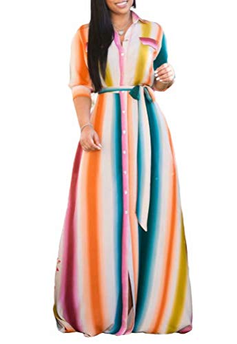 VLUNT Women's Summer Stripe Maxi Dress Long Sleeve Lapel Button A-Line Shirt Dresses with Belt Yellow