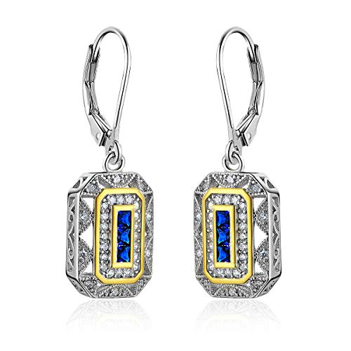 Newshe Vintage Created Blue Sapphire White Cz 925 Sterling Silver Gemstone Dangle Drop Earrings