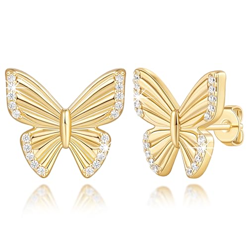 14K Gold Earrings for Women Gold Studs Earrings for Women Stud Butterfly Earring for Womens Studs Cubic Zirconia Glamorous and Delightful Surprise Butterfly Stud Earring for Womens 13mm