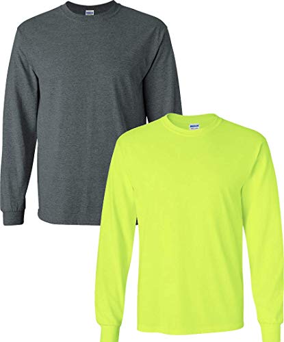 Image of Gildan Ultra Cotton Long Sleeve T-Shirt 2-PackDarkHeather-SafetyGreen 2XL