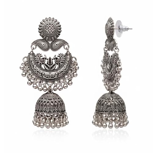 Image of I Jewels Traditional Oxidized Chandbali Jhumka Earrings with Floral and Leaf Motif for Women (E3469OX)
