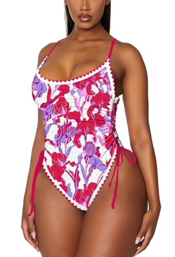 Viottiset Women's Ruched High Cut One Piece Swimsuit Tummy Control Cheeky Bathing Suit White Rose Medium