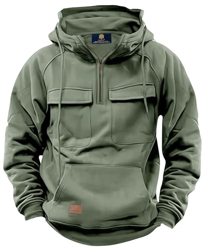 Men's Thermal Hoodies Drawstring Pullover 1/4 Zip Fashion Long Sleeve Quarter Casual Sweatshirt Green XXL