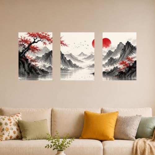 Image of Everoot's CRIMSON DAWN | 3 Piece Abstract Wall Art Poster Set | 12 x 18 Inch Each | 300 GSM Premium Wall Decor with Adhesive Stickers | Easy to Apply & Remove | Living Room, Bedroom & Office | Unframed