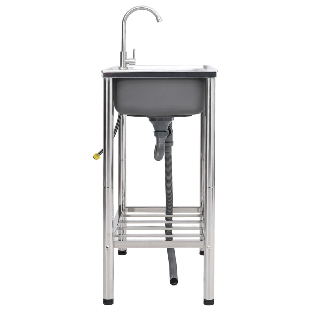 Fregadero de camping de acero inoxidable con doble lavabo, grifo y escurridor para exteriores, resistente a arañazos y golpes, apto para alimentos, repele la suciedad, fácil de limpiar, extraprofundo