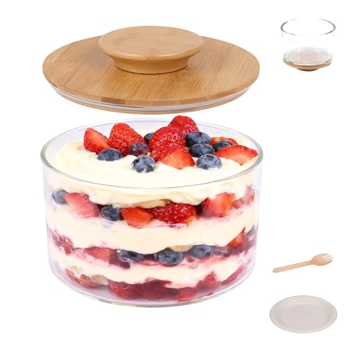 DigNew 141oz Trifle Bowl with Lid High Borosilicate Glass Serving Bowls with Lids & Bamboo Cover 2-in-1 Pedestal Salad Bowl & Trifle Dish 20 Forks & Plates Included for Party