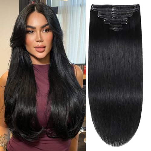 Image of Clip in Hair Extensions Real Human Hair Clip-in Jet Black Hair Extensions 20inch Seamless Clip ins 100% Brazilian Human Hair for Women Straight 8pcs with 18 Clips Double Weft Light Weight