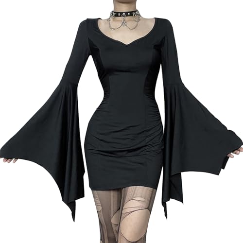 Image of FEOYA Womens Halloween Witch Costumes Bat Wing Sleeve Medieval Victorian Dresses V-Neck Harajuku Renaissance Dress Gothic Black Short Bodycon Clothes(Not Included Necklace) M