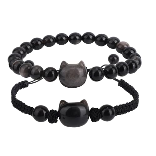 Bracelet chat de 2 pièces en obsidienne et cordon tressé main