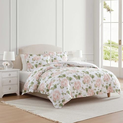 Image of Martha Stewart - Queen Comforter Set, 100% Silky Smooth Cotton Sateen Floral Bedding for Year Round Comfort, 3 Piece Bed Set with Matching Pillowcases (Geranium Bloom Pink)