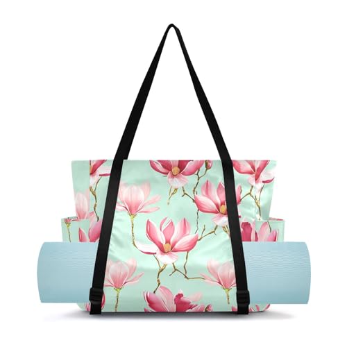 Lxqimora Magnolias Stems Light Green Yoga Mat Bag for Women Water-Resistant Gym Bag with Yoga Mat Holder Tote Bag for Yoga Pilates Travel Gym