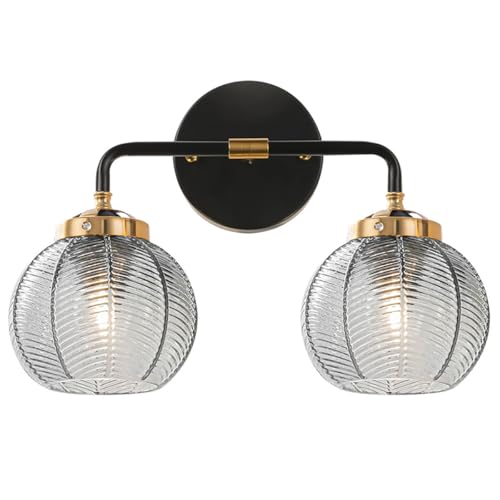 Image of Vintage Bathroom Vanity Light Fixture Modern Wall Sconce Over Mirror | Thick Glass Ribbed Smoky Gray Globe Lamp Shade Mid Century Black Gold Vanity Lights Fixtures for Farmhouse Dining Room above