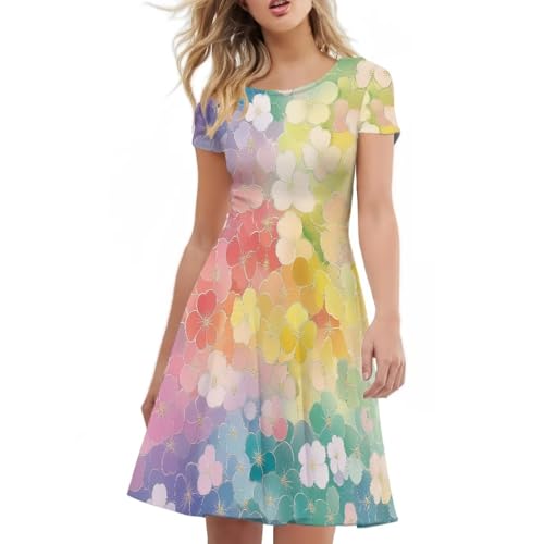 Image of POLERO Women Puffy Swing Elegant Party Midi Dresses Short Sleeve Round Neck A-Line Dress