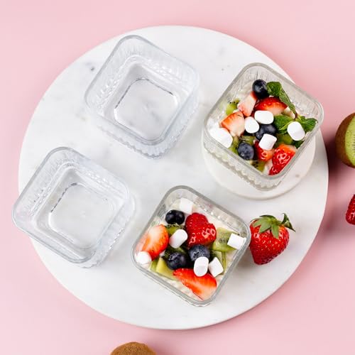 Image of Glassbunny Glass Bowl Set of 6 Clear Serving Bowls for Snacks, Ice Cream, Salads Elegant Glass Tableware for Kitchen & Dining, Square Dessert Bowls Transparent Striped 350ML