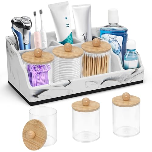 Image of Marble Toothbrush Holder for Bathroom Organizer Countertop, Toothbrush Organizer with 3PCS Qtip Holder Dispenser, Toothbrush and Toothpaste Holder for Bathroom Counter Organization Storage Vanity