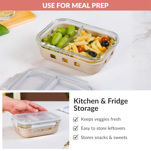 Image of Nestasia Glass Lunch Box with Silicone Sleeve (600ml) - Borosilicate Glass Lunch Box with 2 Compartments for Office | Microwave & Freezer Safe, Leak-Proof Tiffin Box with Clip Locks (Beige)