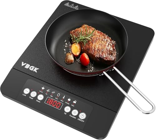 VBGK Plaque de Cuisson Induction, Table de Cuisson 1800W, 220V avec capteur tactile LCD, 8 Niveaux de Température, Verrouillage de Sécurité, Minuterie, Plaque à Induction Portable