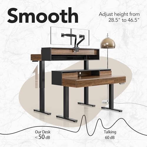 Image of HUANUO Standing Desk with Drawers, 48 Inches Electric Height Adjustable Desk with Storage, Whole-Piece Board Sit Stand Up Desk with Monitor Shelf, Black Walnut