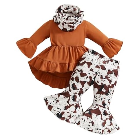 Emmababy Toddler Baby Girl Clothes Long Sleeve Cow Print OutfitT-Shirt + Flare Pants Bell-Bottom Tie Dye Leggings Set 0-4T (3PCS brown, 12-18 Months) Cover