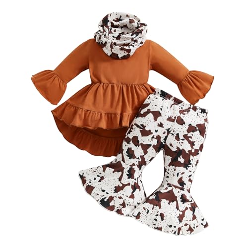 Image of Emmababy Toddler Baby Girl Clothes Long Sleeve Cow Print Outfit T-Shirt + Flare Pants Bell-Bottom Tie Dye Leggings Set 0-4T