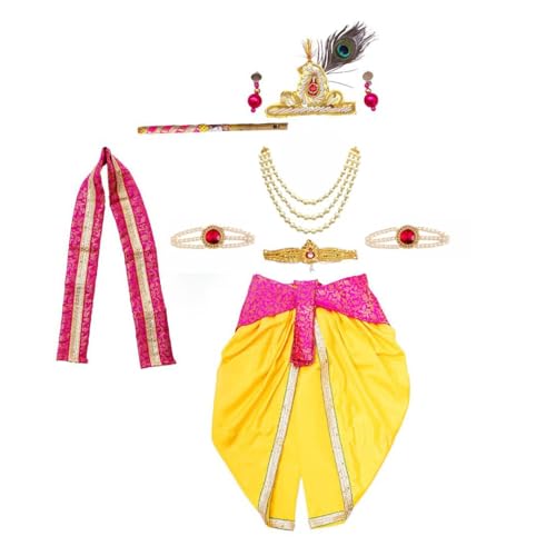 Image of Krishna Dress for Baby Boy Kids(Dhoti,Patka,Mukut,Morpankh,Bansuri,Kamarband,Bajuband,Kundal) Little Krishna Ji Kanha Janmasthmi Costume