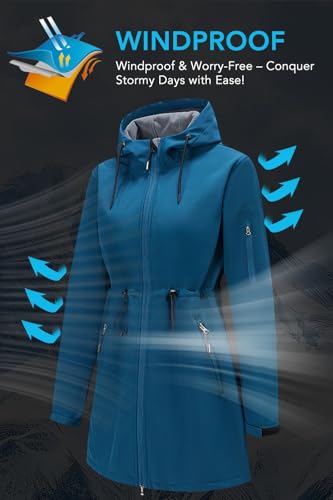 Image of FARVALUE Women's Long Softshell Jacket Waterproof Lightweight Warm Windproof Hooded Fleece Lined Rain Coat for Outdoor