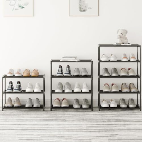 Image of Shoe Rack for Home Multi Tier Plastic Shelf Organizer with Metal Frame - Space Saving Footwear Stand with Open Slat Design for Entryway Bedroom Closet Storage (3 Tier Shoe Rack)