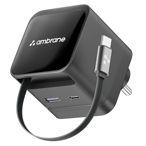 Image of Ambrane 65W GaN Superfast Wall Charger with Type-C Cable, 2 Ports (1 USB & 1 Type C) 65W Output Compatible with iPhone, Samsung, MacBook & Type-C Laptop, OnePlus, Nothing (Charge 65,Black)