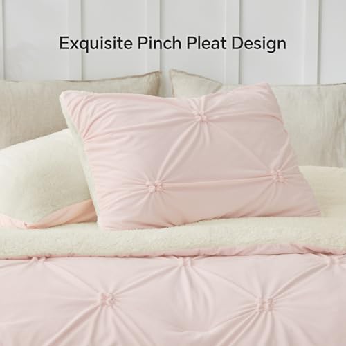Image of BEDELITE Fluffy Sherpa King Comforter Set,Pintuck-Pink | Super Soft & Warm Fleece Bedding, Luxury Fuzzy Comforter for Winter, Heavy Plush Bedding Set,2 Pillowcases