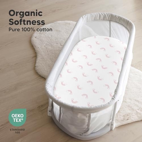Image of 2-Pack Organic Bassinet Sheets for Girls, Boys - 100% Cotton Bassinet Mattress Sheets Compatible with Halo Bassinest Swivel Sleeper, Graco,Baby Delight,Chicco,Unisex Fitted Bassinet Sheets (Dreamland)