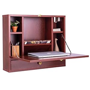 COSTWAY Wandgemonteerde tafel, opvouwbaar laptopbureau, multifunctionele kast met opbergvak en -lade, wand ophangende schrijftafel, compacte houten laptoptafel, zwevende wandbureau, computerbureau voor thuiskantoor (Bruin)