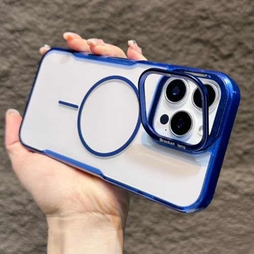 Étui magnétique pour iPhone 16 Pro Max bleu avec support d'objectif pliant