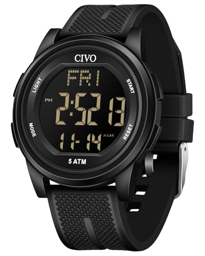 CIVO Reloj Hombre Digital Deportivo: Resistente al Agua 50m LED Esfera Grande Silicona Negro Cronómetro para Running Gym