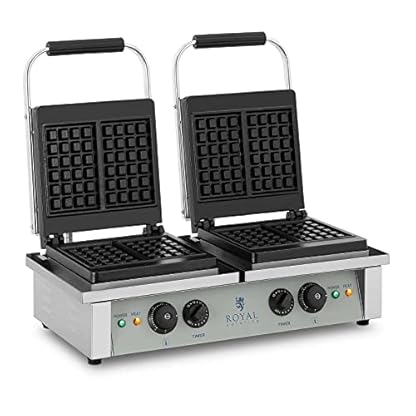 Royal Catering - Waffeleisen Waffelautomat Doppelt (rechteckig, 37 x 62,5 x 50 cm, 2x 2.000 W, 10 x 17 cm Waffel, 15 min Timer, Gusseisen & Emaille, Edelstahlgehäuse) Silber