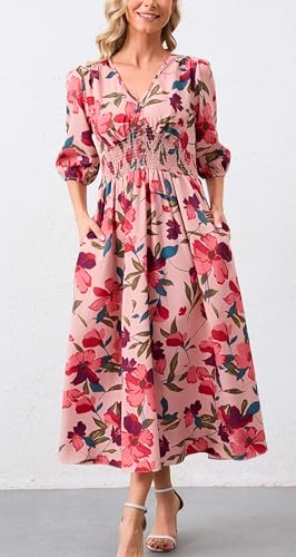 Image of Kormei Women Casual Boho V Neck 3 /4 Sleeve Smocked Waist A Line Flowy Swing Midi Dress Smocked Long Dress