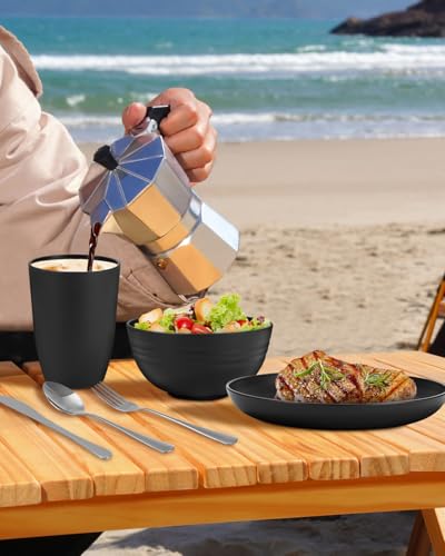 Camping Besteck Set, Camping Geschirr Schwarz, Edelstahl-Besteck, wiederverwendbarer Leichter Becher, spülmaschinenfest mit Becher, Schüssel, Teller und Tasche, Ideal für Outdoor, Picknick und Reisen