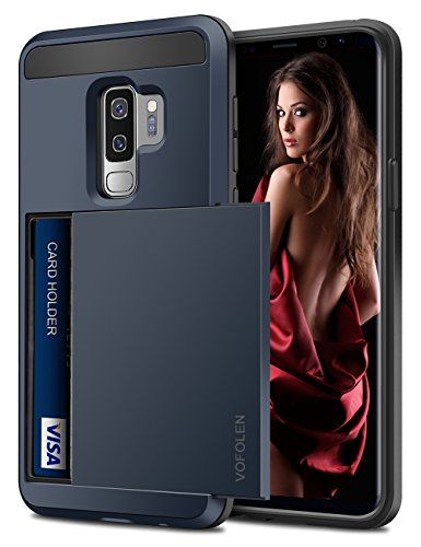 Vofolen Sliding Cover for Galaxy S9 Plus Case Wallet Credit Card Holder ID Slot Hidden Pocket Heavy Duty Protection Rugged Bumper Protective Hard Shell Armor Case for Samsung Galaxy S9 Plus Dark Blue