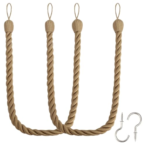 Fenghuangwu Curtain Tiebacks Ropes Tie-Backs, Handmade Curtain Holdbacks Made from Rayon with 2 Metal Screw Hooks - Flaxen 2 Pack