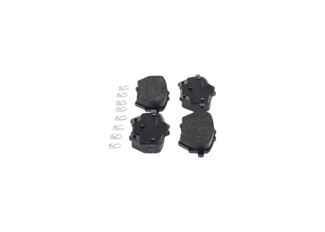 Bosch BP1711 - Pastiglie Freni Auto, Asse Posteriore - Qualità Bosch - Riduzione del Rumore e della Polvere - Certificazione ECE-R90 - Senza Rame - 1 Confezione da 4 Pastiglie - Con Accessori