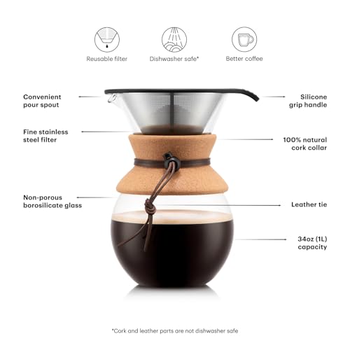 Bodum 34oz Pour Over Coffee Maker, High-Heat Borosilicate Glass with Reusable Stainless Steel Filter and Cork Grip - Made in Portugal by Bodum - Image 4