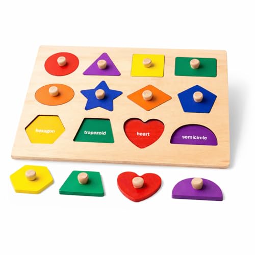 Wooden Shape Peg Puzzle Board Educational Geometric Learning Board with Knobs Multicolor Basic Shapes