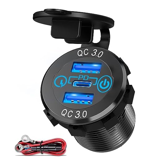 12V USB -Uttag, Qidoe Dual QC 3.0 18W & PD 30W USB C 12 Volt uttag Aluminium Billaddare med pekskift, Vattentät PD Snabbladdningsadapter för bilbåt Marine RV Golf Cart Motorcykel