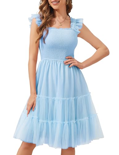 Image of Meetjen Womens Casual Summer Dresses Sleeveless Smocked 2026 Flowy Tulle Ruffle Party Square Neck Tiered Wedding Guest Dress