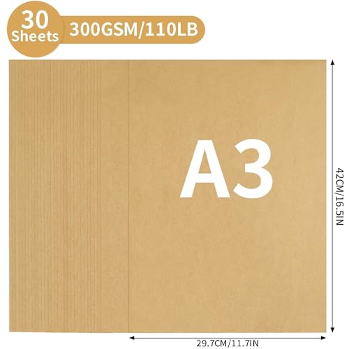 300GSM A3 Kraftbraunes Kartonpapier - 30 Blätter Kartonpapier 110lb Dickes Papier für Weihnachten, Kartenherstellung, Postkarten, Einladungen PAC01KP030