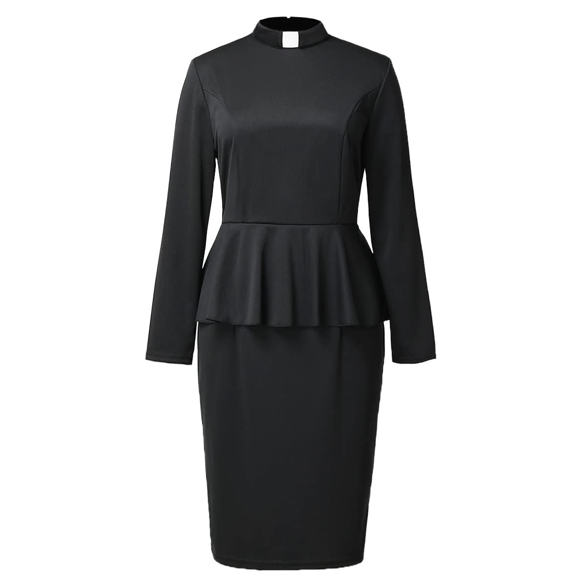 FAD-4U Church Clergy Dress for Women Minister Long Sleeve Ruffle Slim Pencil Dress with Tab Insert Stand Collar
