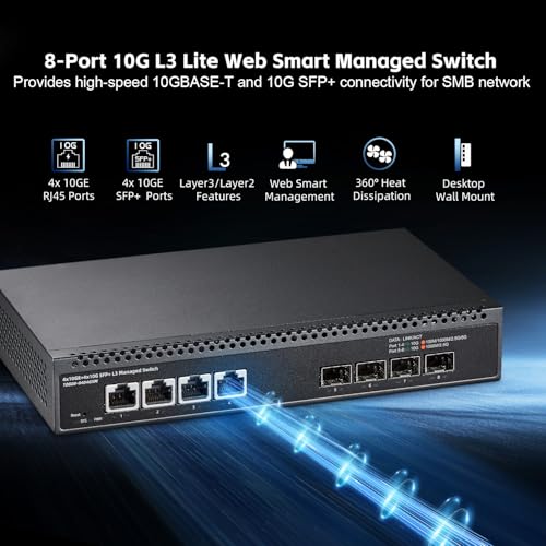 Image of 8 Port 10 Gigabit Managed Switch, 4x10G RJ45 Ethernet, 4x10G SFP+, 160Gbps Bandwidth, L3 Web Managed, Metal Small Binardat Network Switch