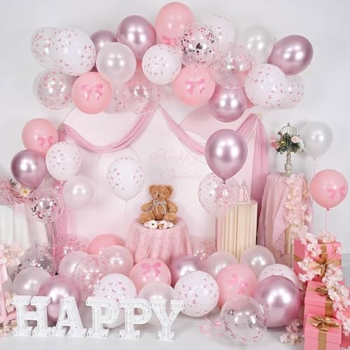Image of Pink Bow Balloons, 60Pcs 12inch Girl Women Princess Birthday Party Balloons | Light Baby Pink Pearl White Balloons, Bow Printed Balloon Metallic Confetti Balloons for Baby Shower Bachelorette Party Decor