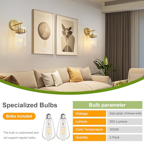 Image of Battery Operated Wall Sconces Set of 2 Gold Rechargeable Wall Light with Dimmable Bulbs and Remote Wireless Wall Lamps with Hammered Glass Lampshade for Bedroom Living Room Hallway(2 Pack)
